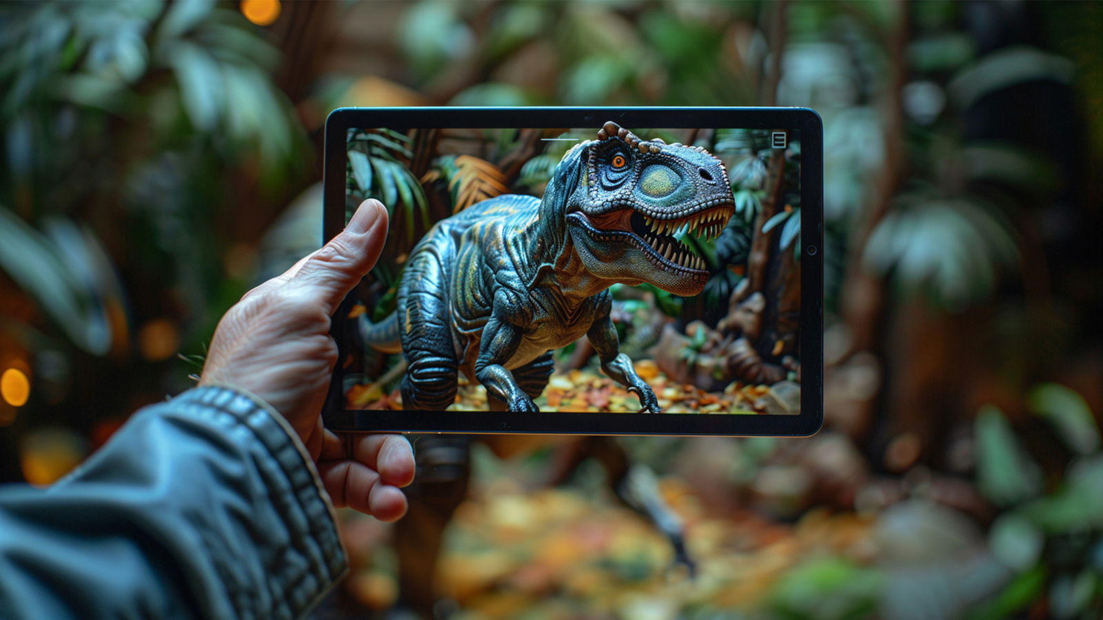 Man holding iPad with image of T.Rex on the tablet