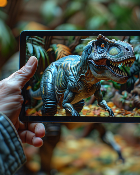Man holding iPad with image of T.Rex on the tablet